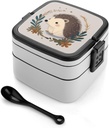 Adult Double-Layer Bento Box Portable Cute Little Hedgehog Lunchbox 1 L Capacity Leak-Proof Bento Box Microwave-Safe Food Container with Spoon And Hidden Handle