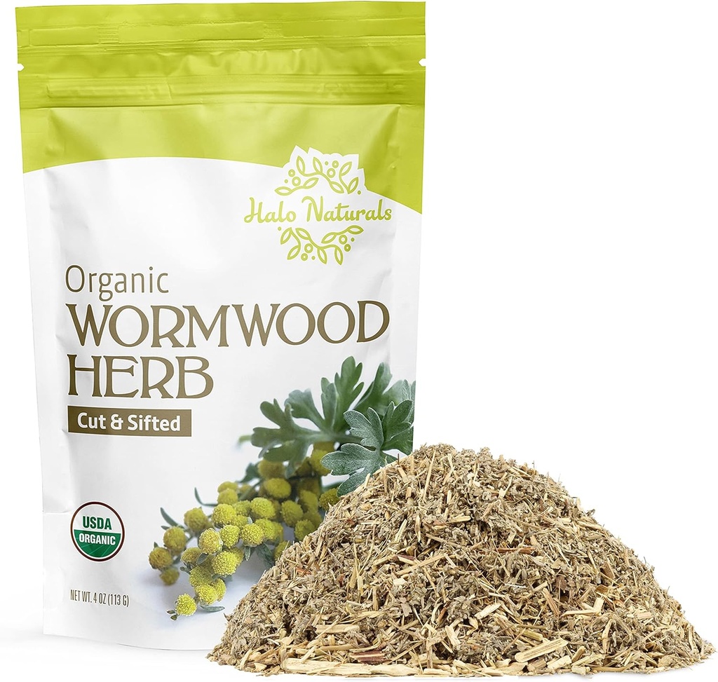 Halo Naturals Organic Wormwood Herb Cut & Sifted, 4 Ounces (Artemisia Absinthium) USDA Certified Wormwood Tea | Non-GMO | Vegan| Resealable Pouch| Packaged in The USA (Pack of 1)