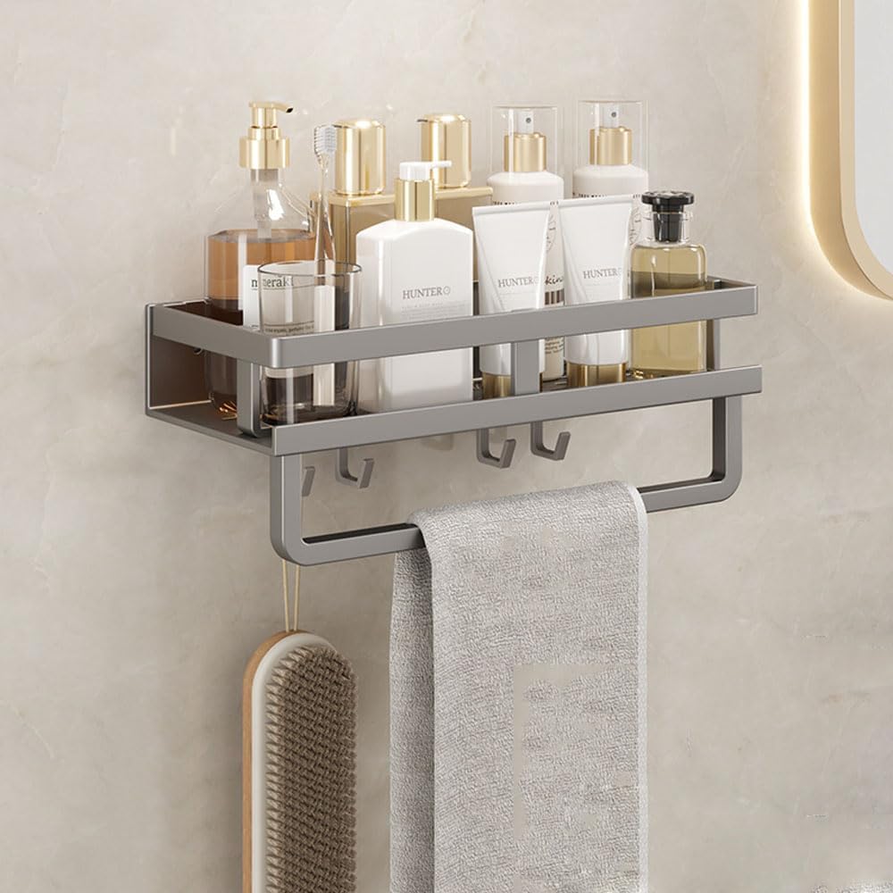 Bathroom Toiletries Wall Organizer Toiletries Wall Shelf with Towel Rack for Bathroom (Grey)