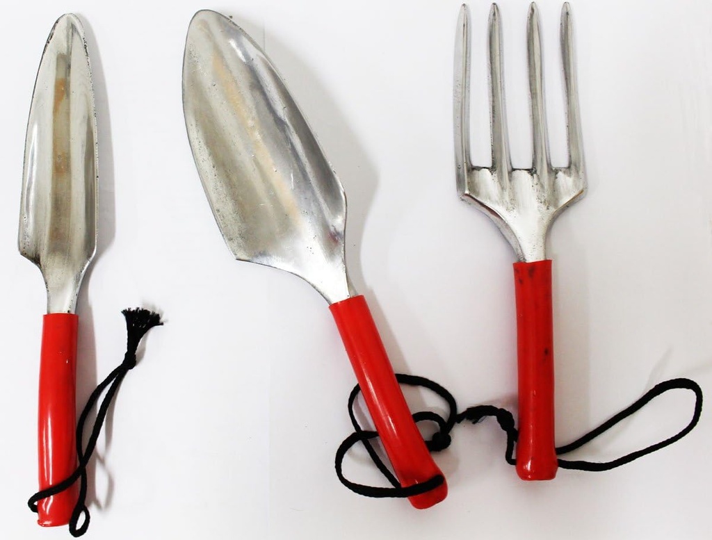 HOMEGARDEN 3 Piece Deluxe Gardening Hand Tool Set | Hand Fork, Trowel, Transplant Trowel | 10" x 9" Design | Silvery Steel Finish with Red Handles | Essential Gardening Kit