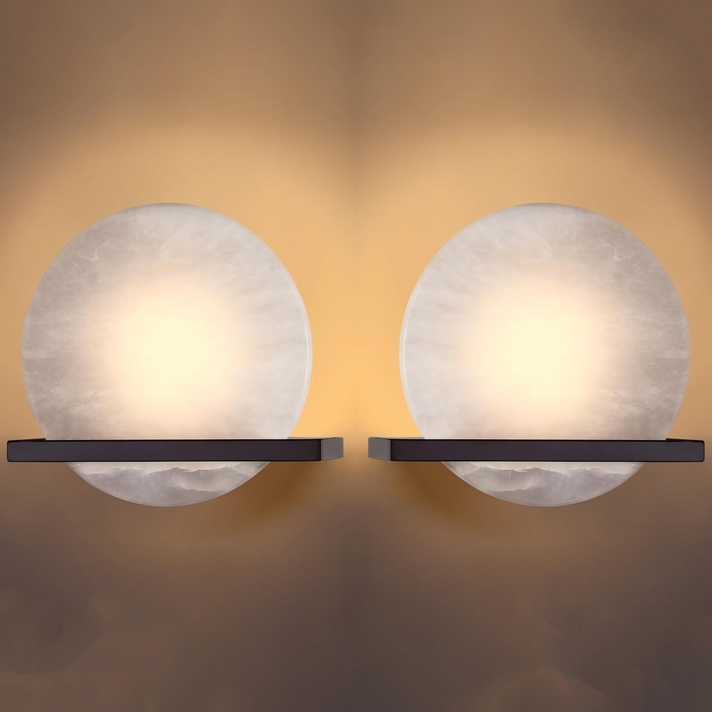 2 Pack 1 Light 8" Round Natural Alabaster Bathroom Wall Sconce Modern Concise Style Wall Light Fixture,Oil Rubbed Bronze Finish for Bedroom Hallway Bedside Living Room