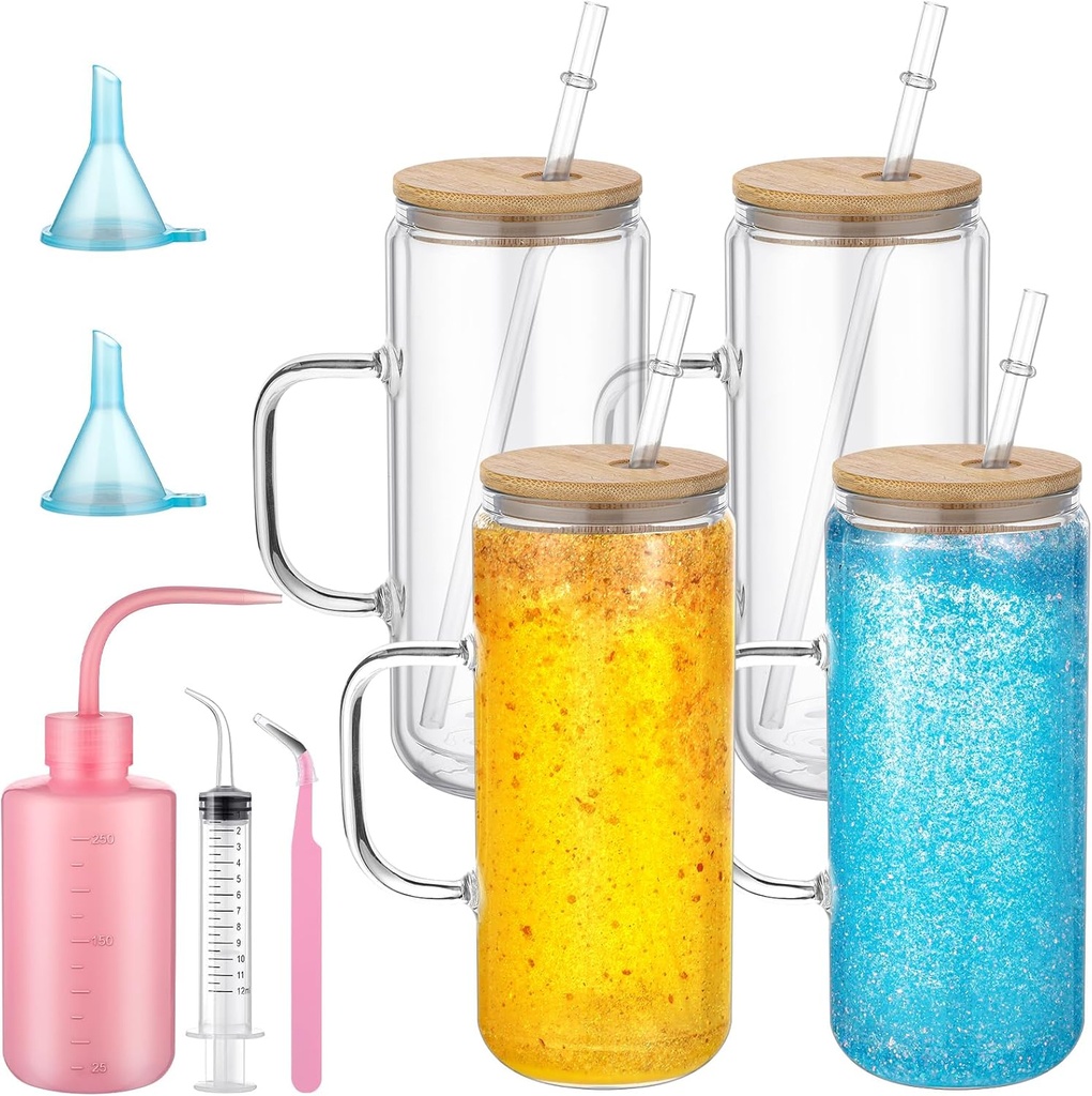 Skylety 9 Pcs Snow Globe Glass Tumbler Supplies with Handle 16oz Cups Pre Drilled Double Wall Clear Cups Kit with Lid and Straw Squeeze Bottle Funnel Tweezer Bent Syringe for DIY Glitter Craft Gift