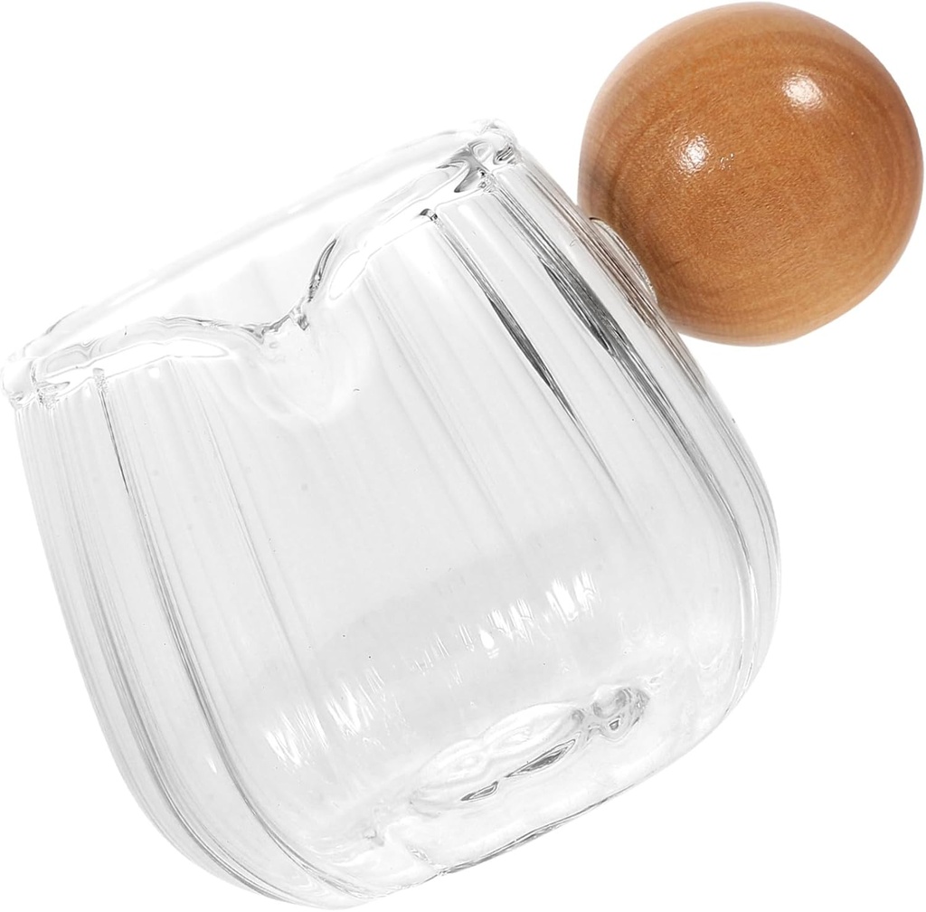 Alipis Glass Milk Pitcher with Wood Handle Striped Heat Resistant Creamer Container for Espresso Shots Coffee Frothing Sauce Dispensing Multi Use Small Glass Jug for Home and Cafe