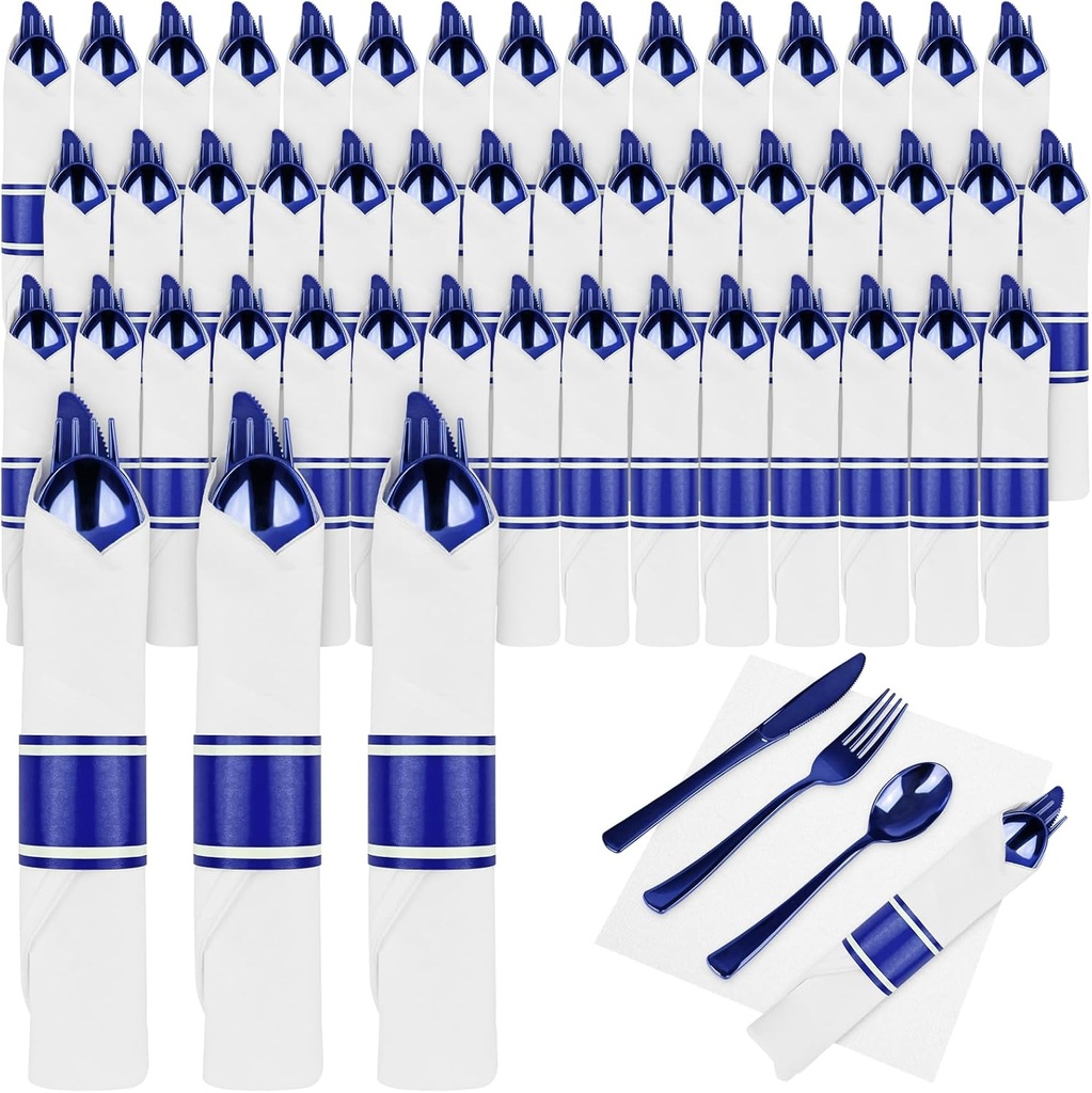 100Pack Blue Pre Rolled Plastic Silverware - Wrapped Blue Rolled Cutlery with Napkins, Heavy Duty Prerolled Plastic Silverware Set, Disposable Utensils with Dinner Napkins for Party