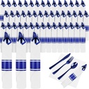 100Pack Blue Pre Rolled Plastic Silverware - Wrapped Blue Rolled Cutlery with Napkins, Heavy Duty Prerolled Plastic Silverware Set, Disposable Utensils with Dinner Napkins for Party