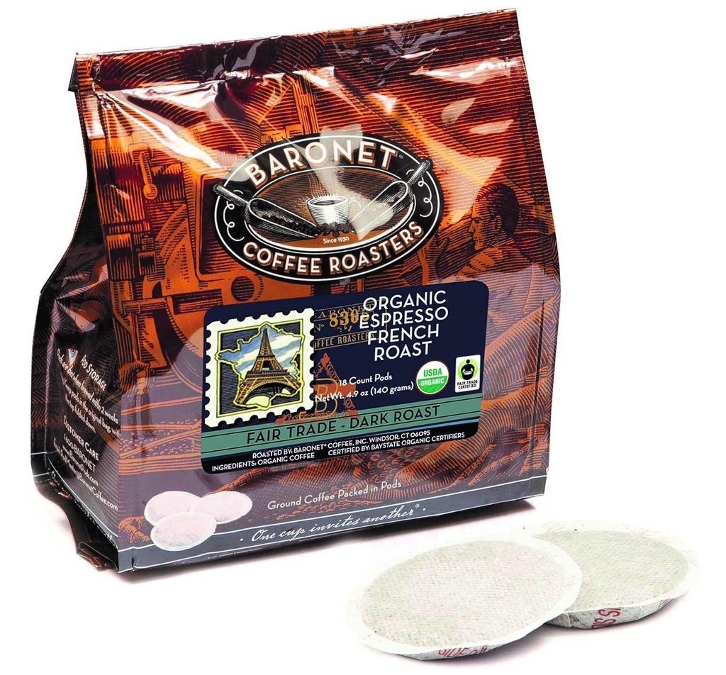 Baronet Coffee Pods [Organic Espresso French Roast-54 Pods] Single Cup Use for Senseo Machine - 3 Bags of 18 Single Serve 8 Gram, Regular Strength[Org Espresso Fr. Roast]