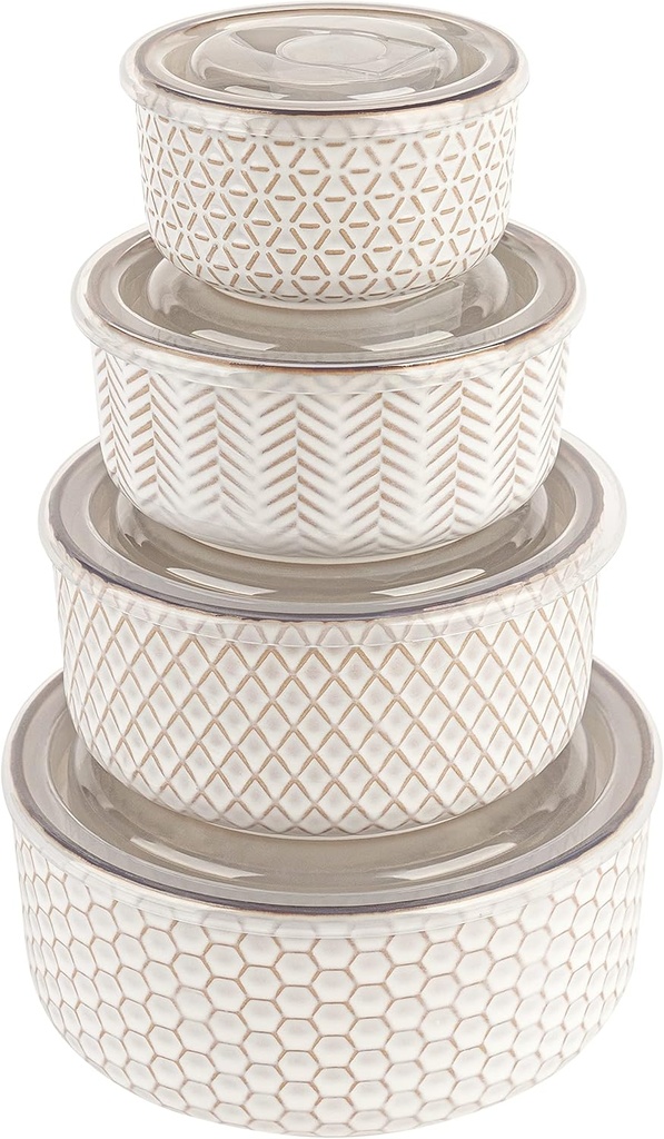 KooK Ceramic Nesting Bowls, with Lids, Serving, Set of 4, Embossed, Kitchen, Prep, Mix, Gift, Housewarming, Microwave and Dishwasher Safe, 10/16/29/47 oz, Narbonne Collection (Ivory)