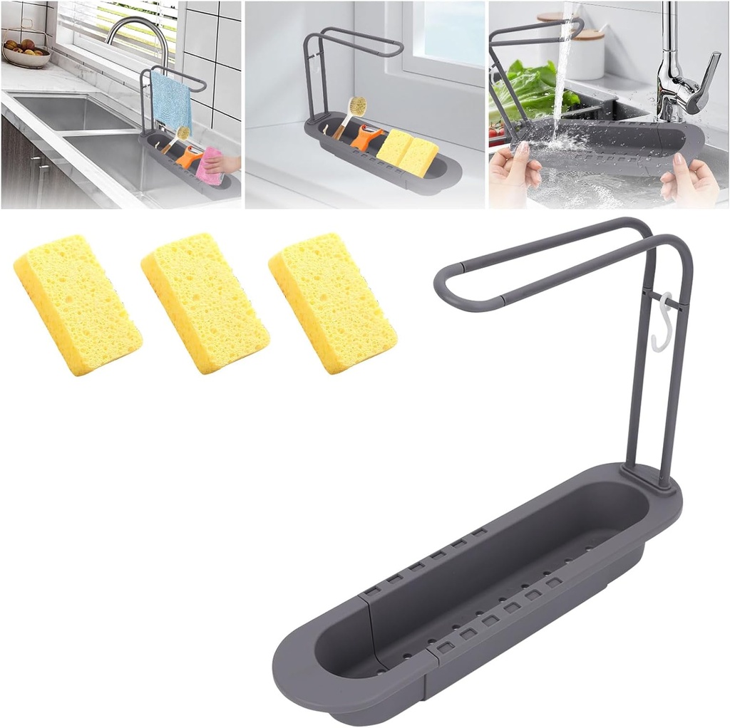 Kitchen Over Sink Organizer with Towel Hanger, Telescopic Expandable Slim Drain Basket, Multifunctional Caddy Adjustable Length Colander Rack, Sponge Holder Storage Tray for Home Bathroom
