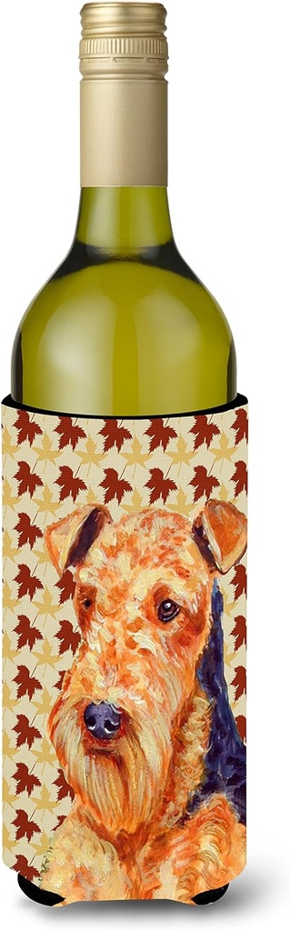 Caroline's Treasures LH9111LITERK Airedale Fall Leaves Portrait Wine Bottle Hugger Bottle Cooler Sleeve Hugger Machine Washable Collapsible Insulator Beverage Insulated Holder