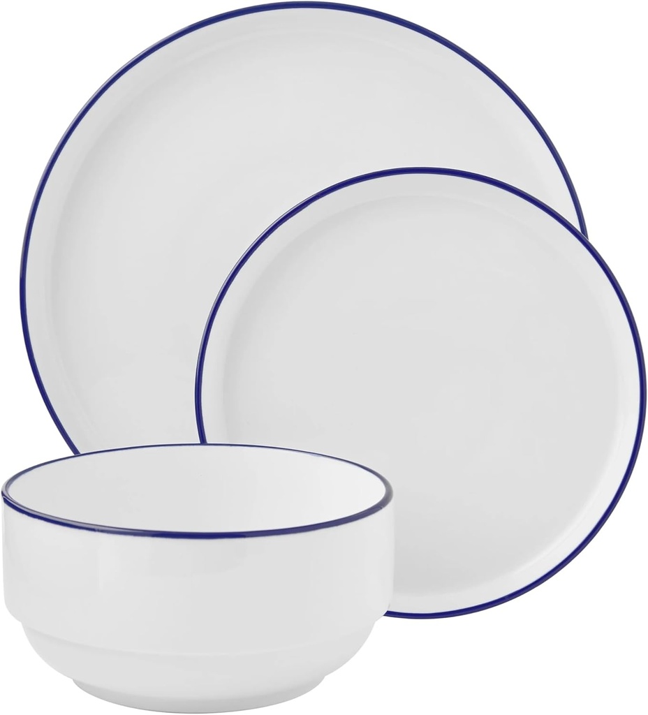 12-Piece Stoneware Dinnerware Set, Service for 4 | Blue Rim Plates & Bowls | Everyday Dishes, Microwave & Dishwasher Safe