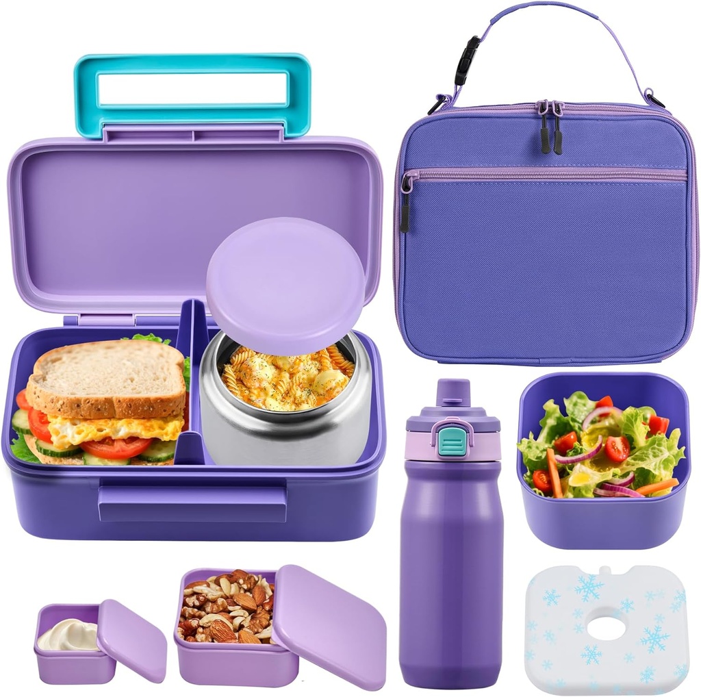 PIQUEBAR Kids Lunch Bento Box with 8oz Thermo Ice Pack Food Container with Insulated Lunch Bag, Insulated Water Bottle with Straw for Girls Boys, (A-Purple)
