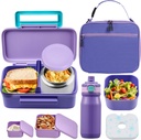PIQUEBAR Kids Lunch Bento Box with 8oz Thermo Ice Pack Food Container with Insulated Lunch Bag, Insulated Water Bottle with Straw for Girls Boys, (A-Purple)