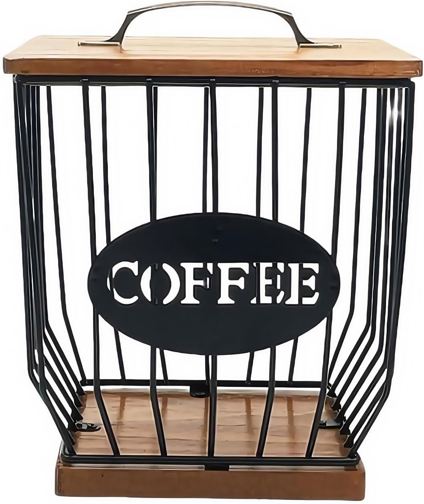 Iron Coffee Pod Holder Organizer K Cup Holder Organizer Wire Coffee Pods Storage Basket Coffee Station Organizer Coffee Bar Basket with Lid for Kitchen Countertop Coffee Bar (Black-Square, L)