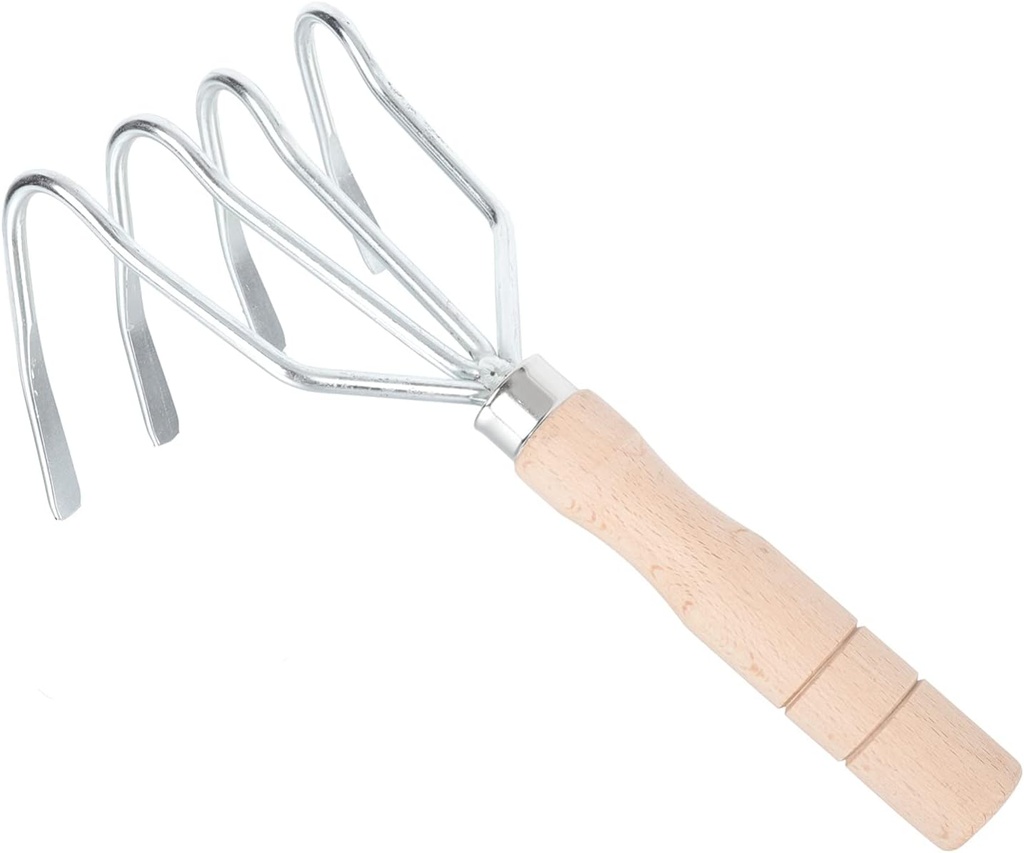 4-Prong Garden Rake for Loosening Soil Heavy-Duty Cultivating Tool with Short Wooden Handle for Garden Bed Preparation and Planting