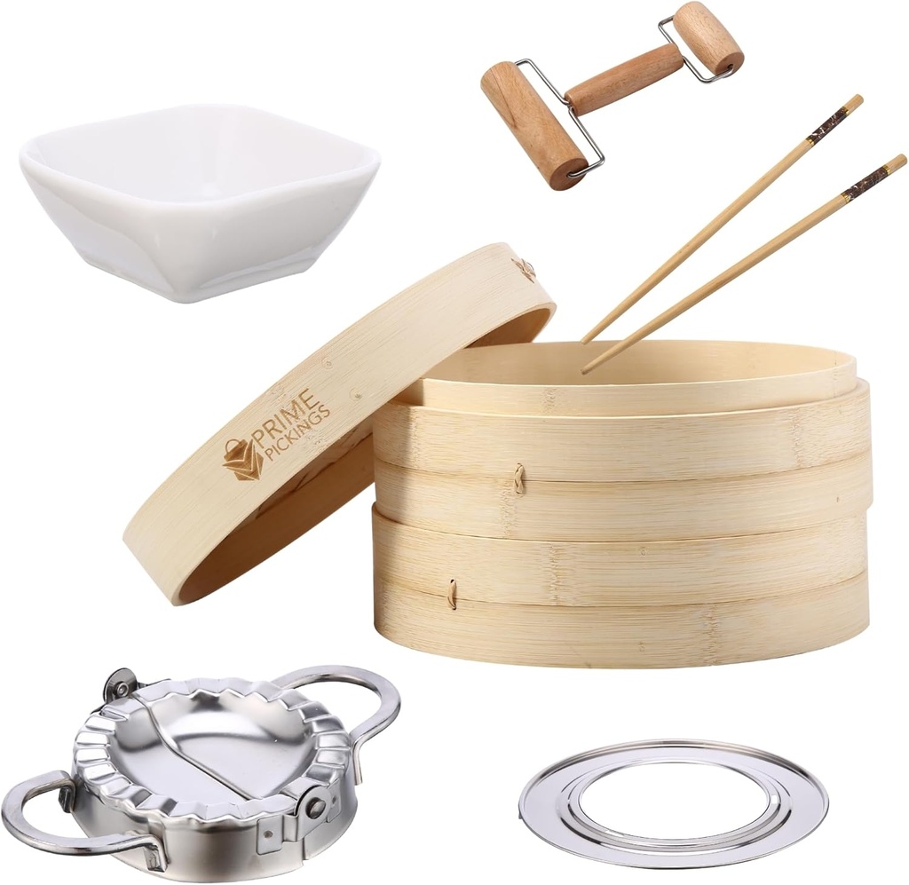 Bamboo Steamer Basket | 2-Tier Handmade Basket Dumpling Steamer Basket-Traditional Design bamboo steamer for Cooking Dumpling Bao Bun, Rice Potsticker Steaming Chinese Asian Food & Vegetables
