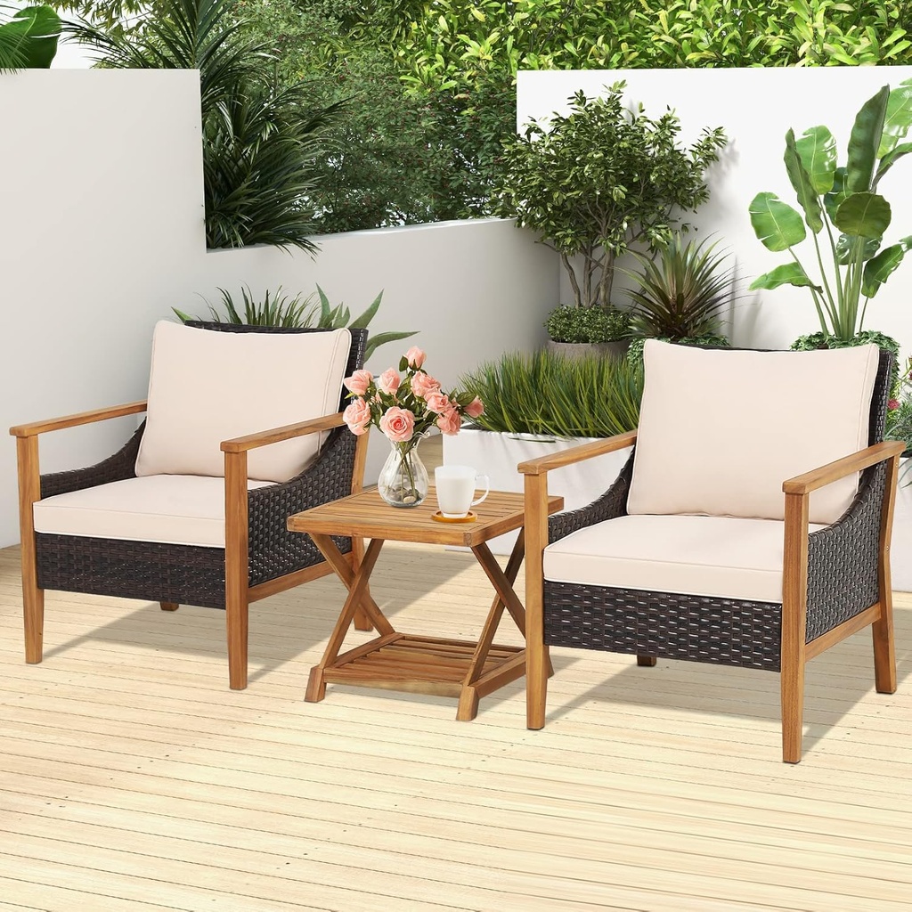 LDAILY 3 Piece Patio Furniture Set, Rattan Outdoor Furniture with 2 PE Rattan Chairs, Comfort Cushions & Solid Acacia Coffee Table, Patio Table and Chairs Set for Balcony, Deck, Poolside, Backyard