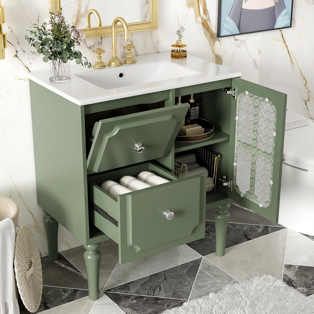 30-inch Bathroom Vanity with Sink Combo Set, Free Standing Bathroom Vanity Cabinet with One Glass Door and 2 Drawers, Solid Wood Bathroom Vanity Set with Resin Sink for Bathroom (Green)