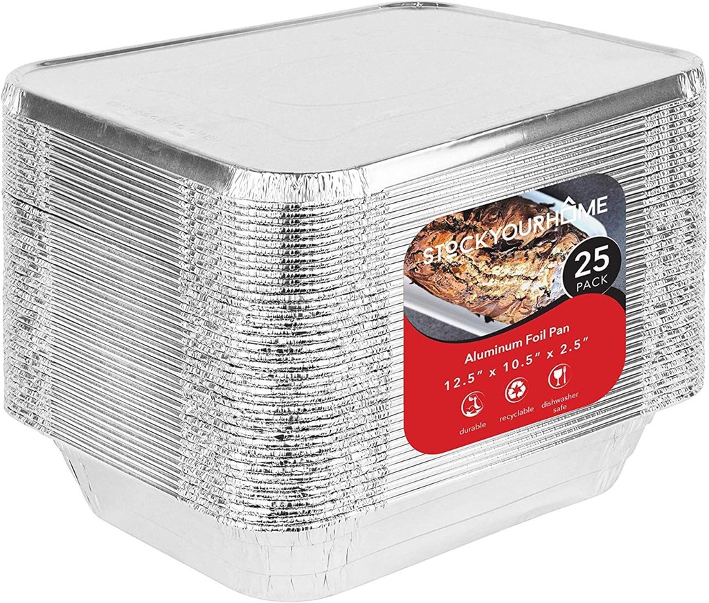Foil Pans with Lids - 9x13 Aluminum Pans with Covers - 25 Foil Pans and 25 Foil Lids - Disposable Food Containers Great for Baking, Cooking, Heating, Storing, Prepping Food Silver