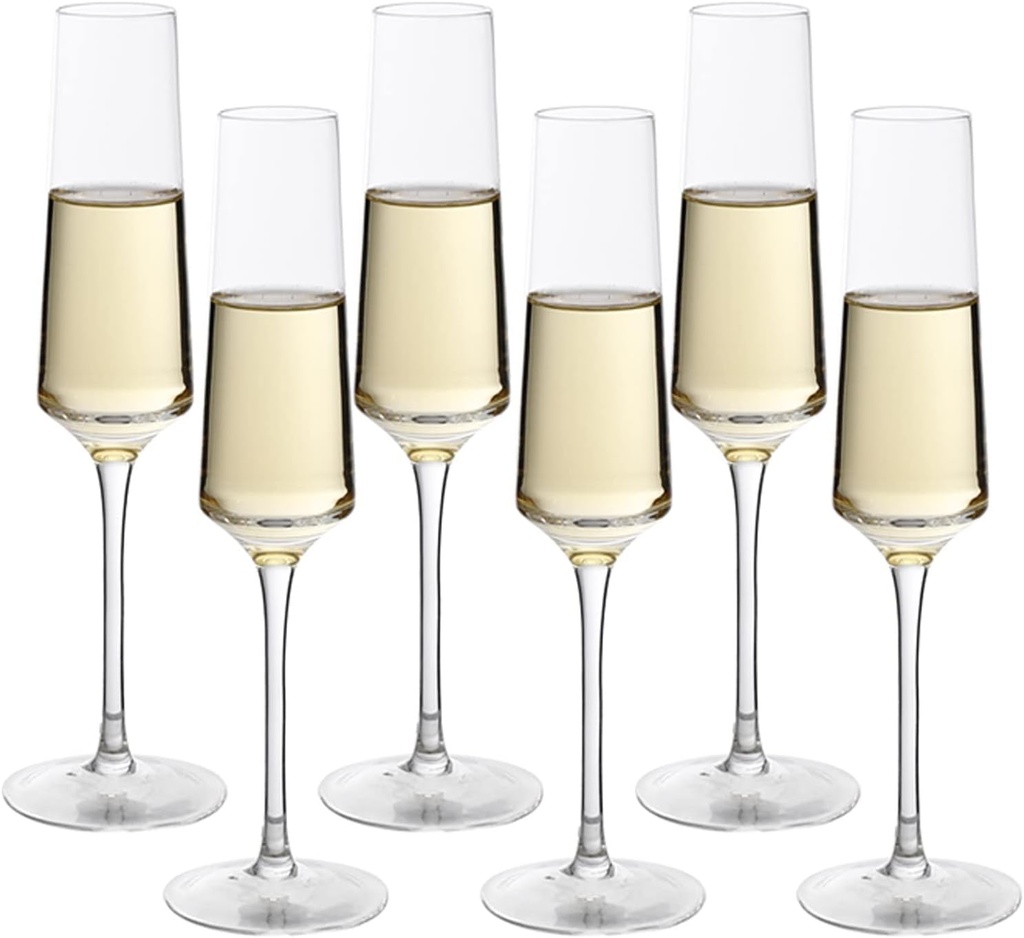 Champagne Flutes Set Of 6, Lead-free Clear Crystal Glass, Crystal Clear Clarity, Cocktail Glasses, Stemware, Quality Sparkling Wine Stemware Set, Perfect For Home, Restaurants And Parties, 220ML wine