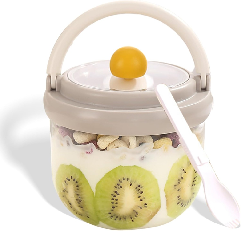 20oz Oatmeal Jar with Lid and Spoon, Wide Mouth Overnight Breakfast Cup for Oats, Chia Seeds, Fruit and More (Grey)