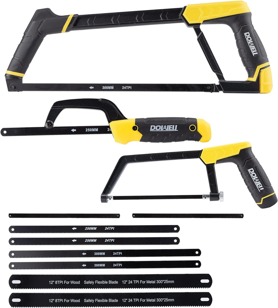 DOWELL Hacksaw Frame Set Heavy Duty Handsaw 12-inch 10-inch 6-inch Mini Hacksaw Hand Saw 8 Extra Blades Multi-function for Metal Wood PVC Pipes