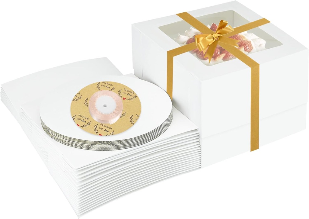 Yeplan 5 Packs Tall Cake Boxes and Cake Boards,10x10x8 Inches Cake Containers with Window and lids,White Multi-Layer Bakery Boxes for Birthday,Wedding,Party,Father's Day