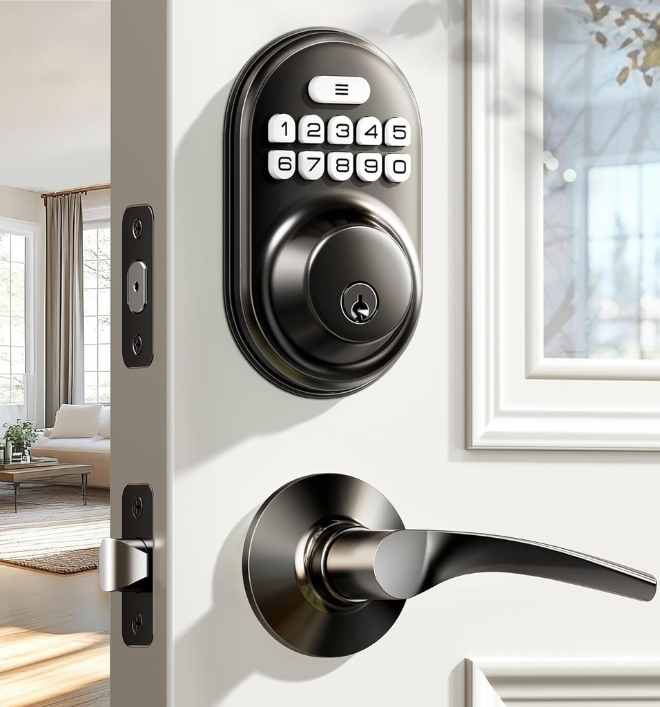 Veise Keyless Entry Door Lock with 2 Lever Handles - Electronic Keypad Deadbolt, Auto Lock, Back Lit & Easy Installation Design, Front Door Handle Sets, Matte Black