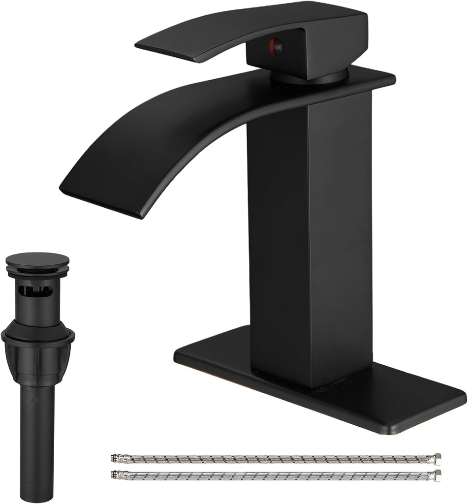 Matte Black Bathroom Faucet Waterfall Single Hole Single Handle with Pop Up Drain with Overflow Modern Lavatory Vanity Sink 1 or 3 Hole Deck Mount