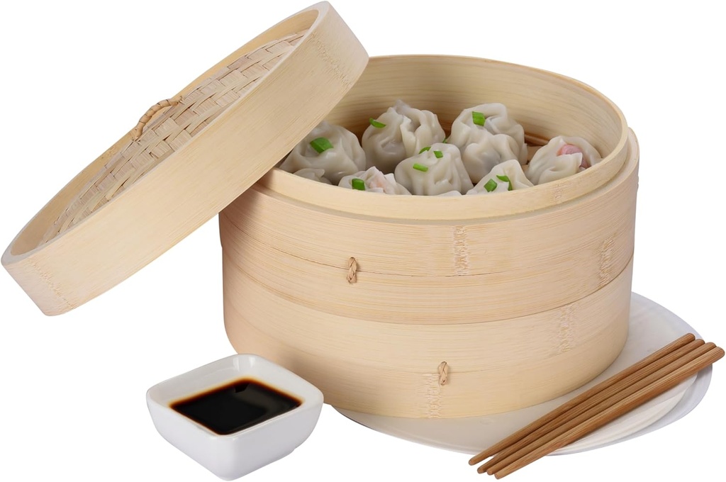 Vdomus Bamboo Steamer Basket - 10 inch Dumpling & Bun Steamer with Chopsticks - Natural Wood, Brown, Round Shape