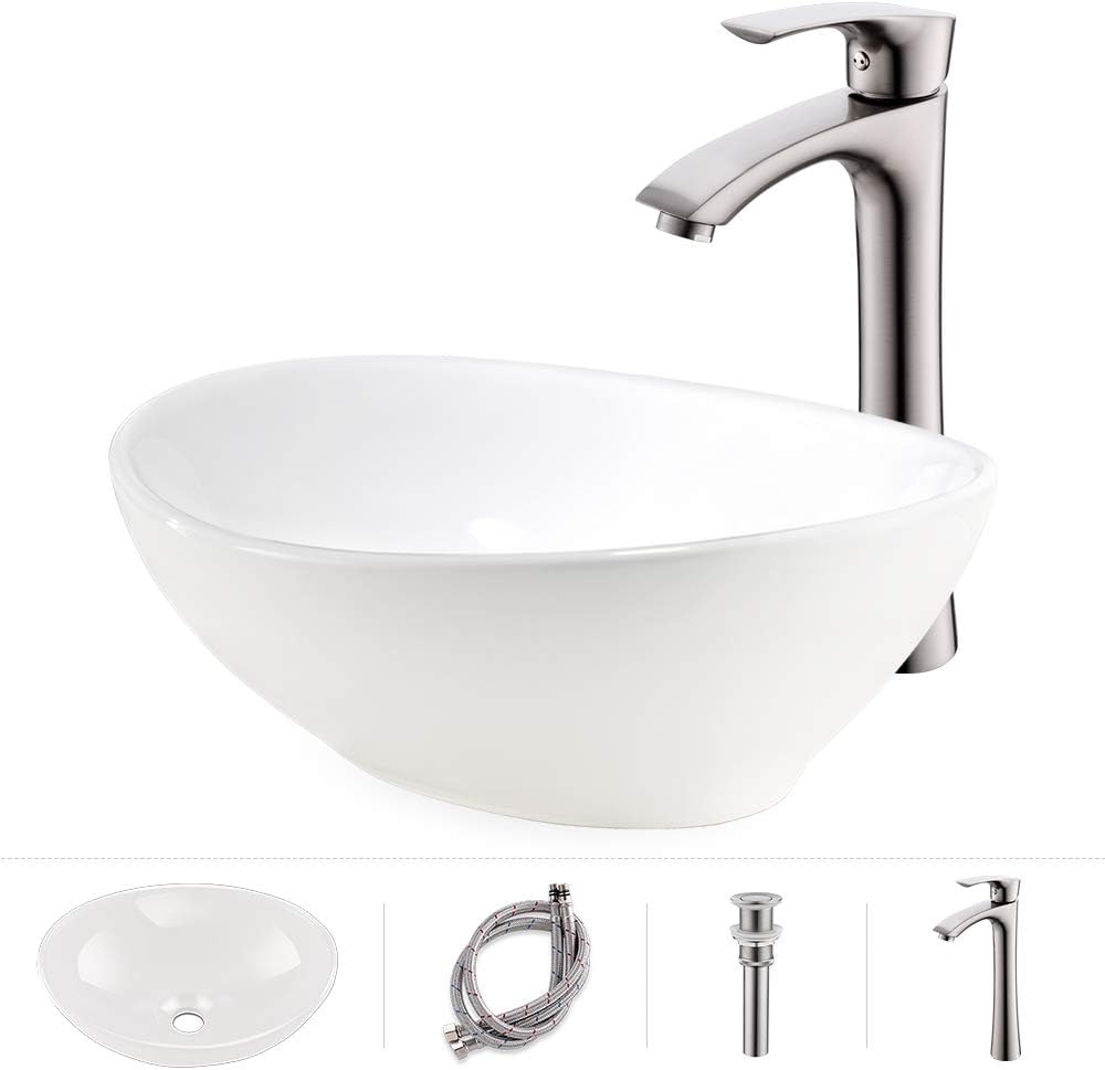 16 Inch Oval Bathroom Vessel Sink and Faucet Combo -VOKIM 16" x 13" White Ceramic Modern Egg Shape Above Counter Bathroom Vanity Bowl,Brushed Nickel Faucet Matching Pop Up Drain Combo