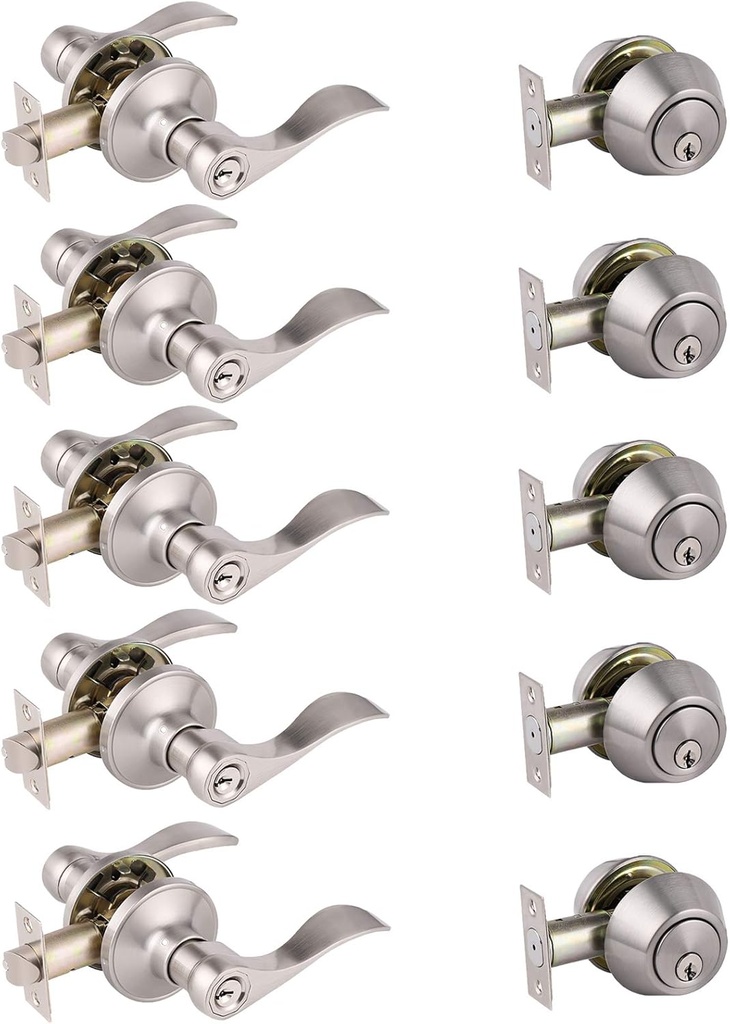 Gobrico Satin Nickel Entry Door Lockset with Deadbolt (Double Cylinder Deadbolt,Keyed on Both Sides)-5Pack