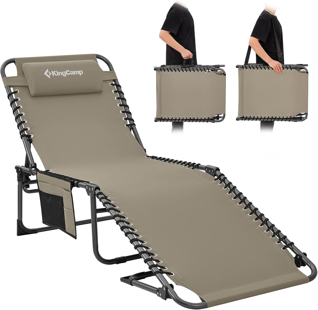 KingCamp Lounge Chair Outdoor, Folding Portable Tanning Chairs Comfy Adjustable 5-Position Lay Flat Foldable Chaise Chaser Lounger with Pillow for Outside Beach Patio Sun bathing Backyard Pool, Beige