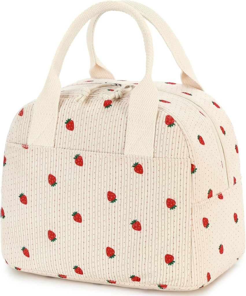 Insulated Strawberry Lunch Bag for Women, Stylish Corduroy Tote with Aluminum Lining, Large Capacity Reusable Cooler for Work, Travel, Beach or Picnic, Beige Cream Water-Resistant Lunch Box