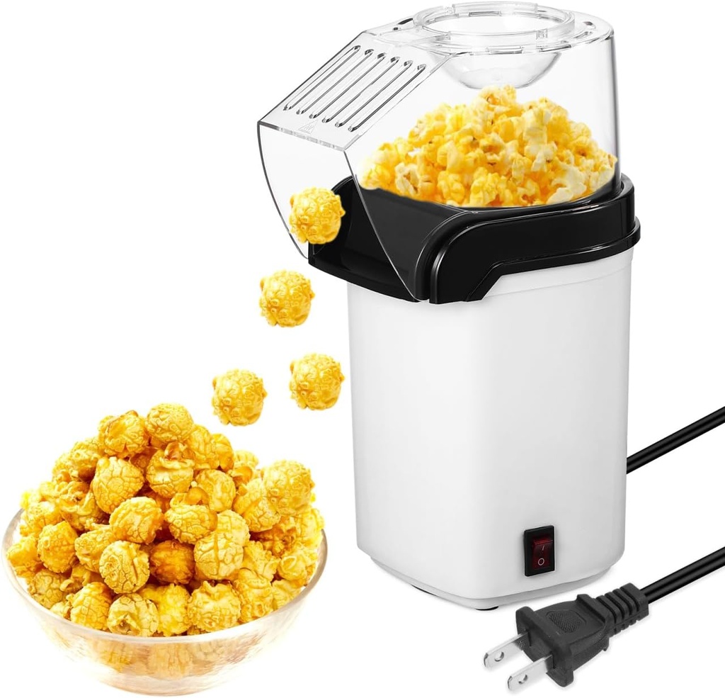 Cabilock Electric Hot Air Popcorn Machine 110V White Tabletop Popcorn Maker with Adjustable Heat for Home Kitchen Use
