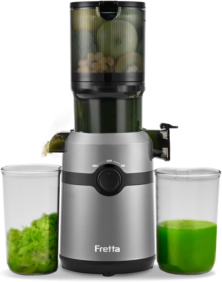 Cold Press Juicer Machines,Fretta Slow Masticating Juicer Machines with 4.25" Large Feed Chute,Fit Whole Fruits & Vegetables Easy Clean Self Feeding,High Juice Yield,BPA Free (Grey)