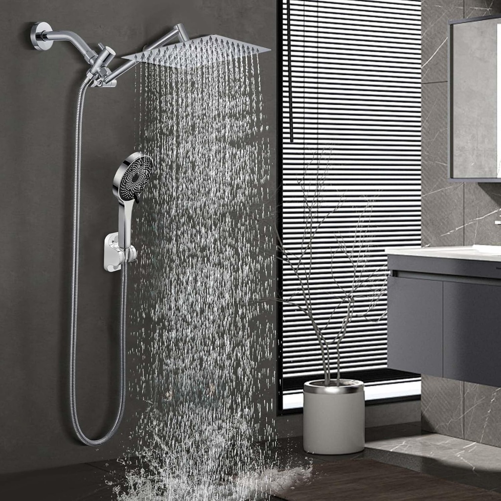 10 Inch Shower Head，Rain Shower Head with Adustable Extension Arm，Detachable Rain Shower Head with Handheld spray ，High Pressure Shower Hose with Holder in Bathroom (Sliver)