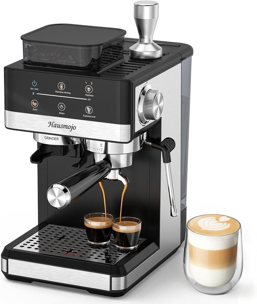 Espresso Machine with Grinder, 20Bar Expresso Coffee Machines with Milk Frother, Professional Compact Stainless Steel Coffee Maker for Espresso, Latte & Cappuccino, Perfect for Home Use