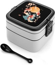Japanese Fish Sun Cherry Flowers Portable Bento Box with Handle 2 Compartment Leak-Proof Stackable Lunch Box for Work Picnic Camping