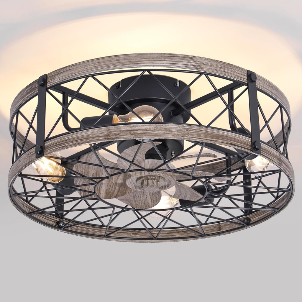REDSTAR Flush Mount Caged Ceiling Fan with Lights, 20" Small Bladeless Ceiling Fans with Remote, Rustic Low Profile Ceiling Fans 6-Speeds Reversible Enclosed Ceiling Fan for Bedroom Kitchen Farmhouse