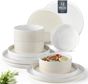 AmorArc Ceramic Dinnerware Sets for 4, Modern Stoneware Plates and Bowls Sets,Chip and Crack Resistant | Dishwasher & Microwave Safe Ceramic Dishes Set,Service for 4 (12pc)-Cream