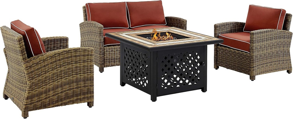 Crosley Furniture Bradenton 4-Piece Wicker Outdoor Loveseat Patio Furniture Set with Gas Fire Pit Table, Brown with Sangria Cushions