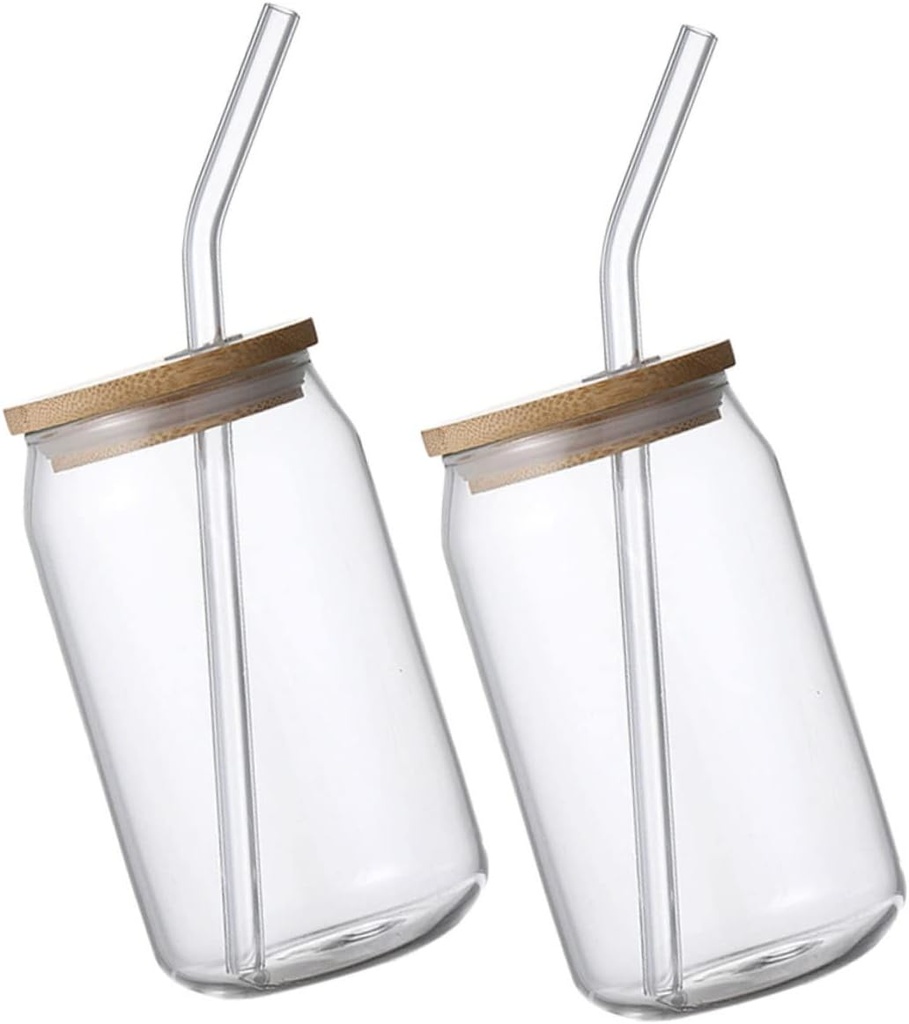 2Pcs Iced Tea Glasses with Lids and Straws Heat Resistant Drinkware for Smoothies Juices Cold Brew Stylish Glass Cups for Home and Parties