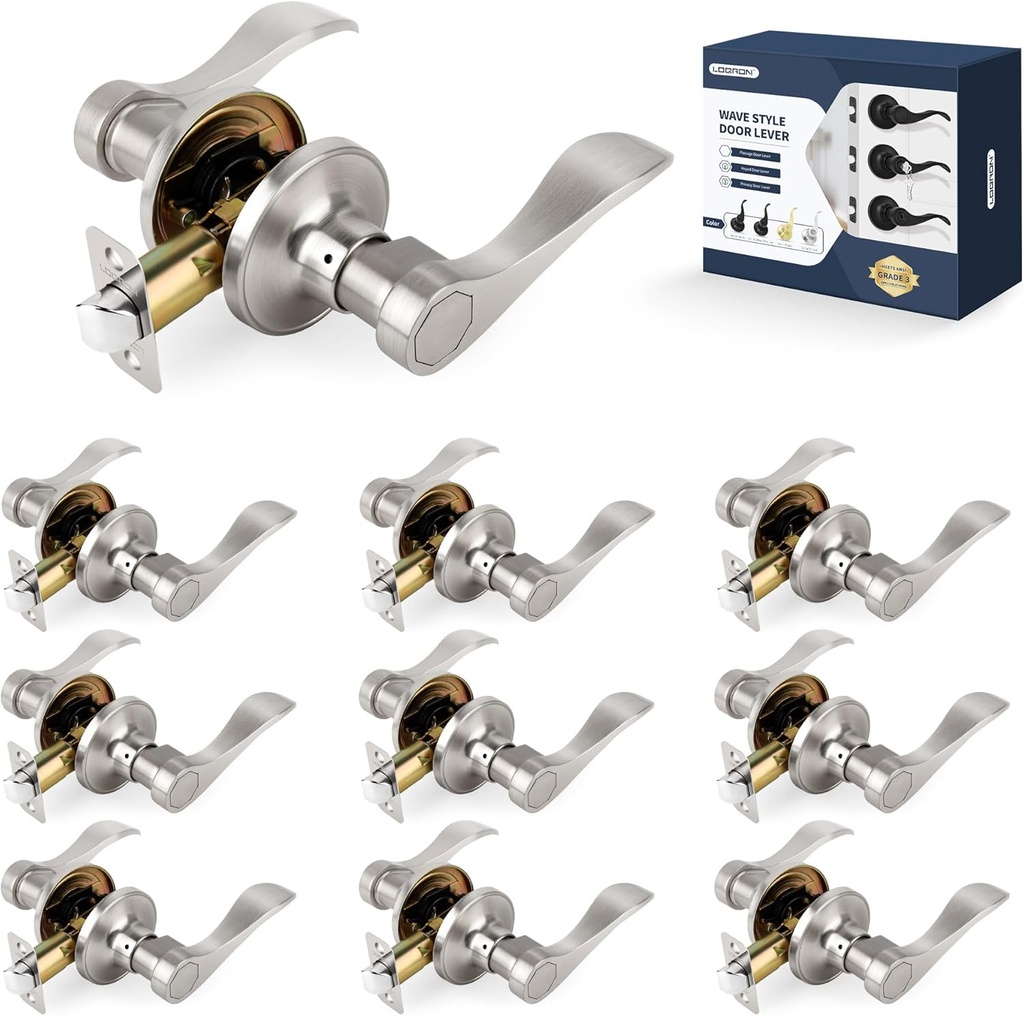 Wave Style Door Lever Passage Door Handle, 10 Pack Wholesale Keyless Interior Lever Reversible for Left/Right Handed for Hallway and Closet with Satin Nickel Finish