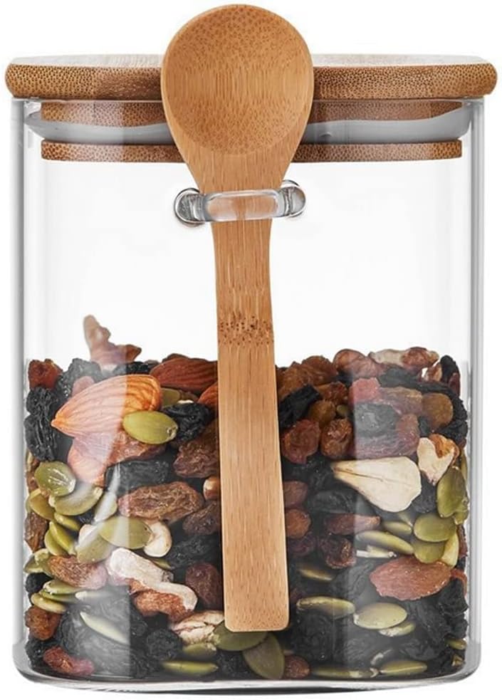 1000ML/33.5Oz Square Clear Glass Storage Jar with Wooden Lid and Spoon Kitchen Airtight Food Storage Canister Container Preserving Seal Containers Airtight Spice Jar for Cereal Tea Coffee Candy