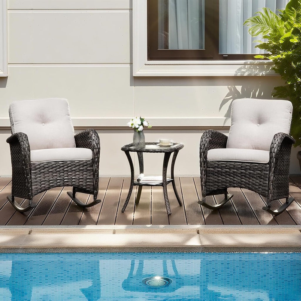 3-Piece Outdoor Wicker Rocking Chair Set with Glass Side Table, Patio Premium PE Rattan Furniture with Cushions, Rust-Resistant Frame for Porch, Backyard, Balcony