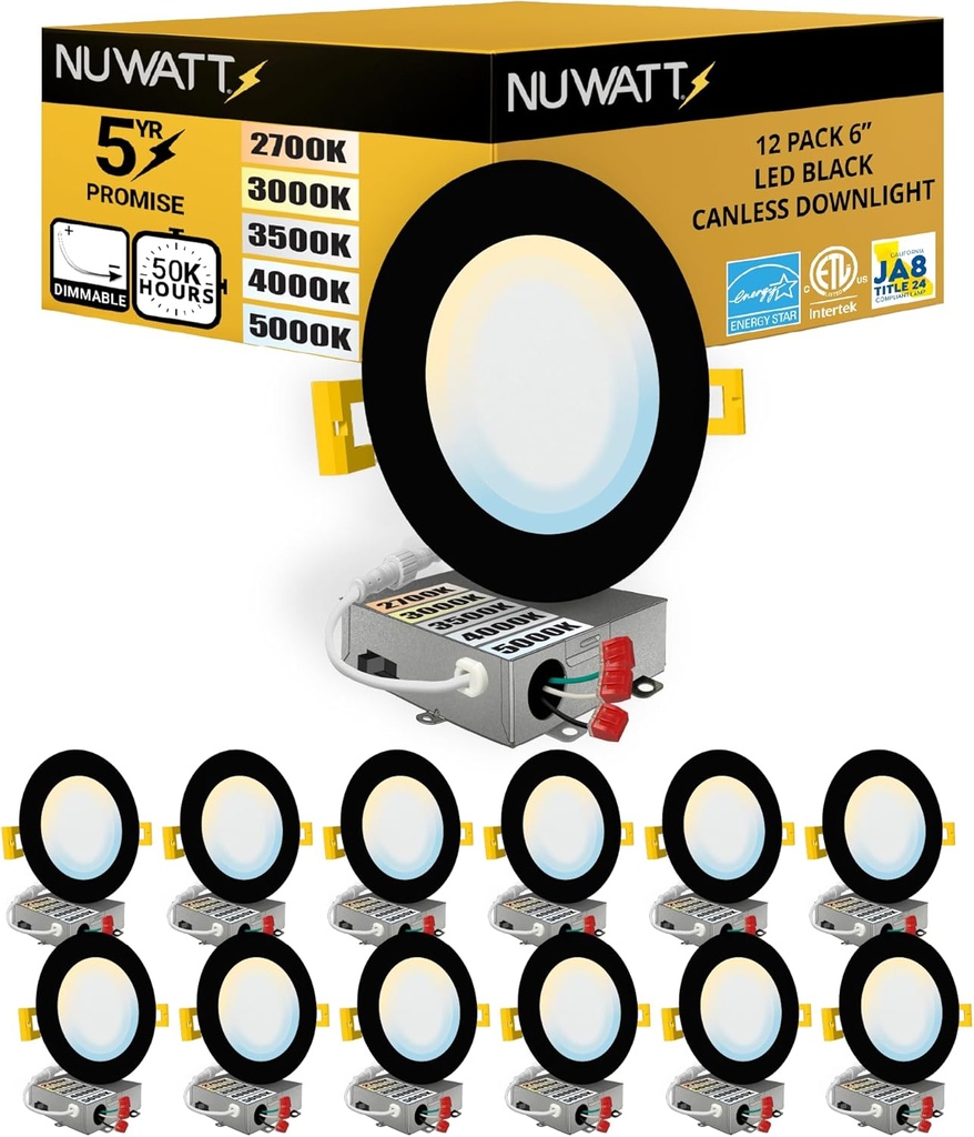 NUWATT 12 Pack, 6 Inch Ultra-Thin Black LED Recessed Lighting, 5CCT 2700K/3000K/3500K/4000K/5000K Selectable, 1050LM, 15W, Water Resistant, IC Rated, Dimmable Canless Slim Wafer Light with J-Box, ETL