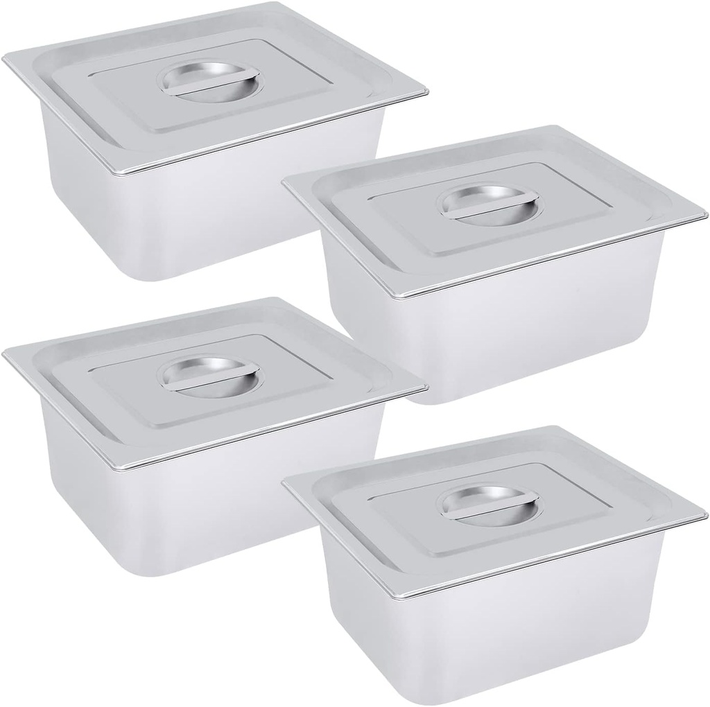 4 Packs Stainless Steam Hotel Pan 1/2 Size x 6" Deep Metal Tray Sets Food Storage Container 22 Gauge/0.7mm Thick Commercial Buffet Warmer Anti Jam Steam Table Pan with Lid