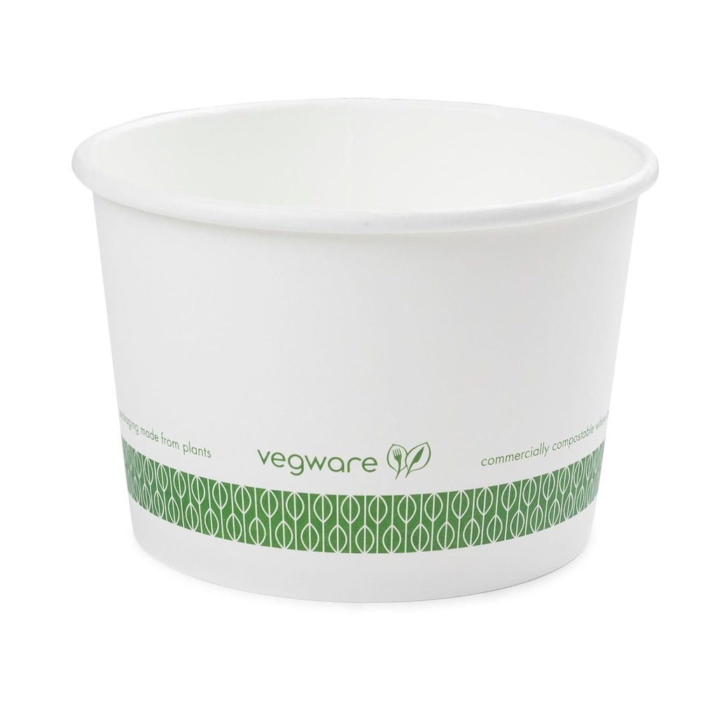 Vegware Compostable 16oz PLA Lined Paper Food Bowls, Case of 500, Disposable, White Round Ice Cream, Oatmeal, Soup Containers, Renewable Plant-Based, 115-Series Lids Available