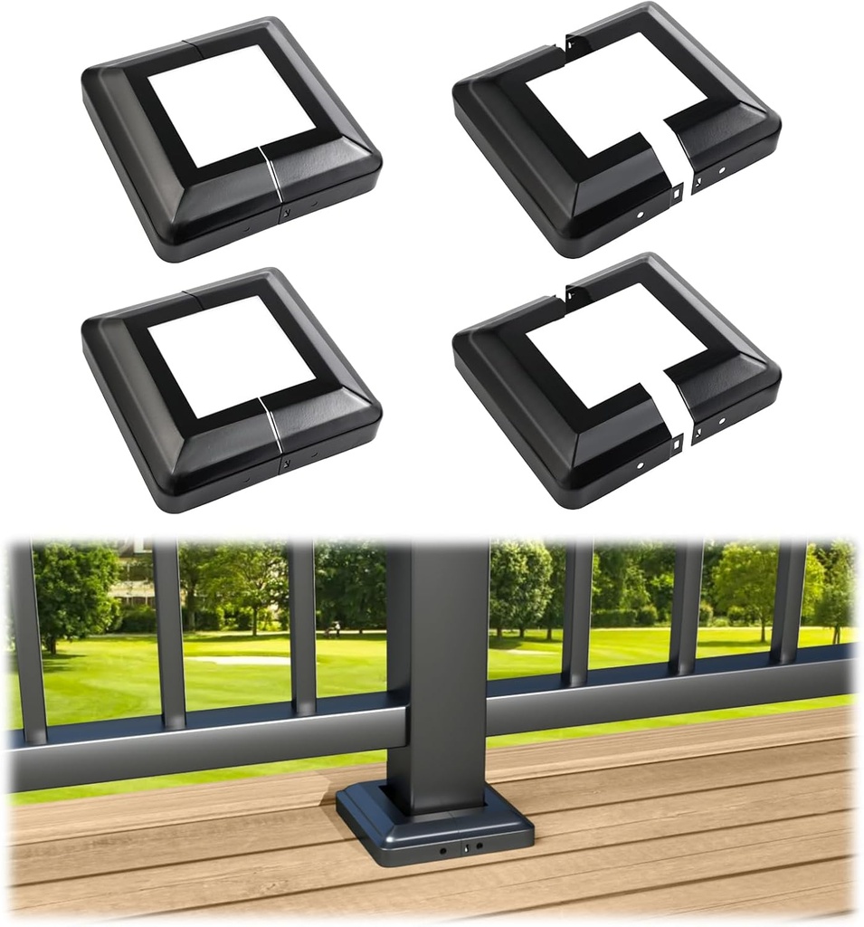 Muzata 4Pack 1.5"x1.5" Black Post Base Cover with 3.6"x3.6" Base Mounting Plate Galvanized Iron Post Cover Skirt Easy Fast Install No Screws Required for Deck Fence Porch PA33