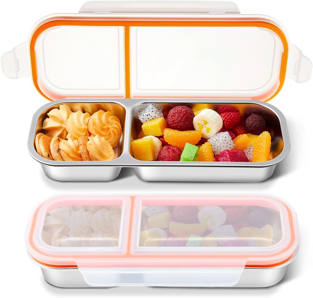 2 Pcs Grab and Go Snack Containers, 2 Compartment Sauce Cups Stainless Steel Snack Containers, Reusable Condiment Box with Lids, Divided Food Storage Box for School Home Travel